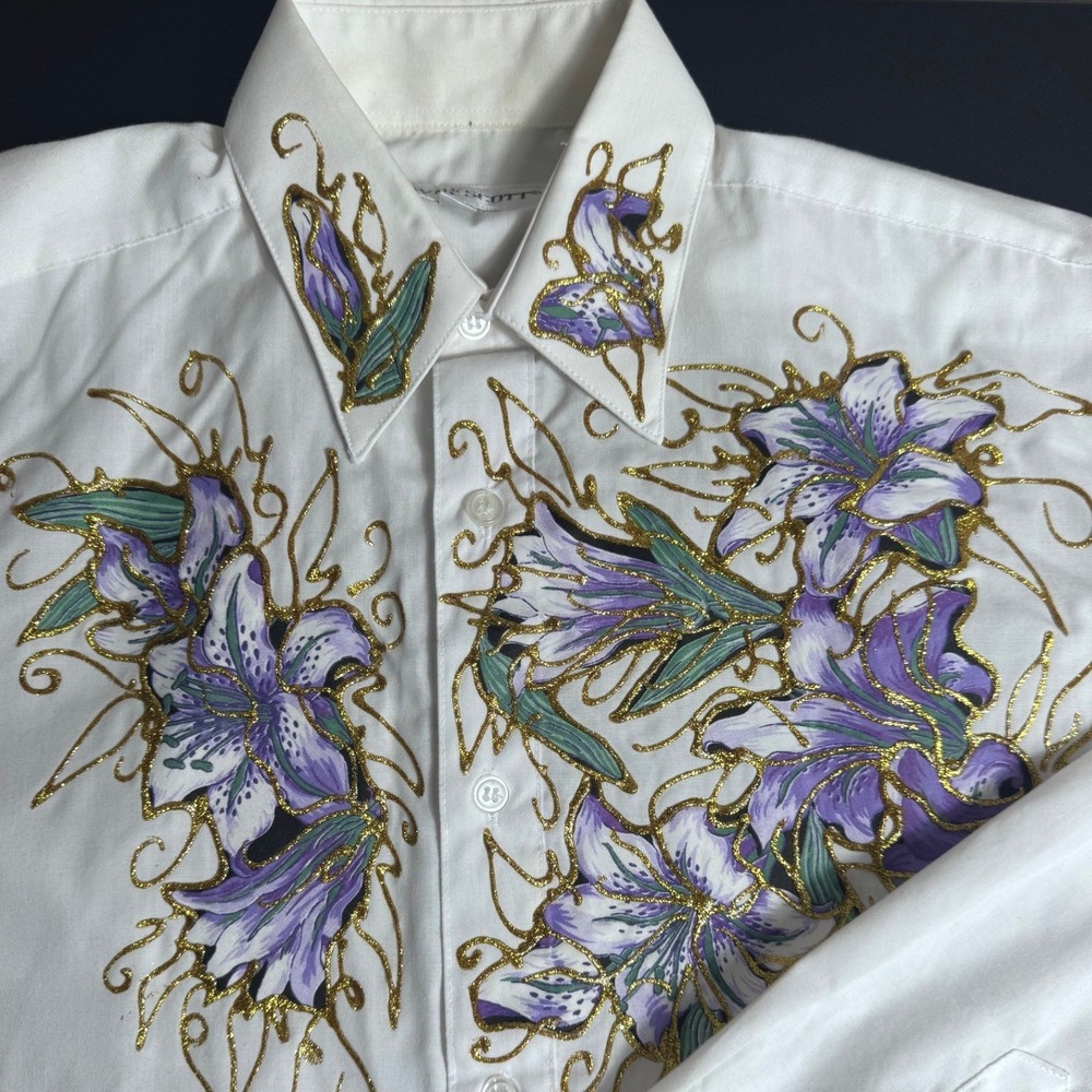 Vintage Wayne Scott Hand Painted Purple Lily Glitter Button Down‎ Small 14-14.5